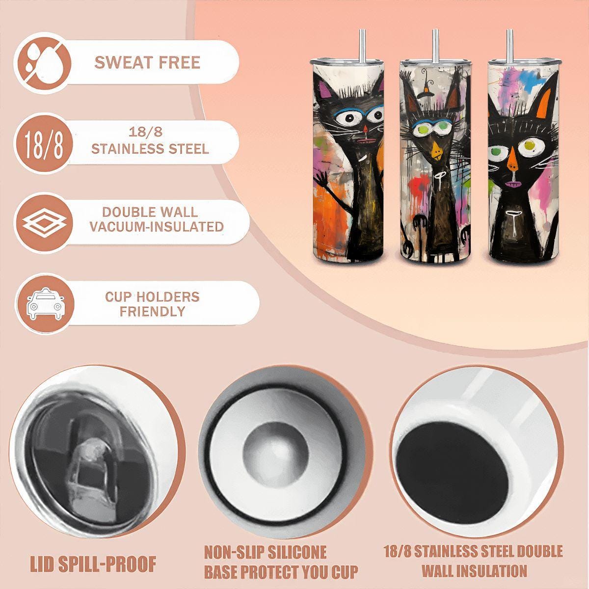 ColorFlow | Black Cat Trio Tumbler | Abstract Cat Art Cup | 20oz Stainless Steel Travel Mug with Straw | Halloween Cat Gift