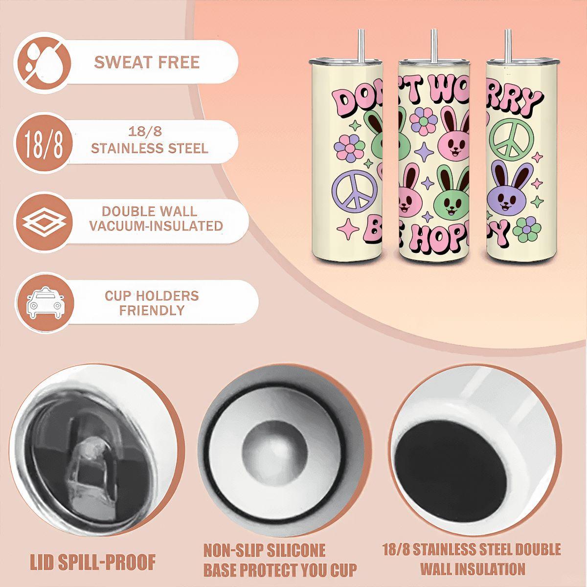 ColorFlow | Dont Worry Be Hoppy Tumbler | Cute Bunny 20oz Stainless Steel Cup with Straw | Easter Gift | Retro Peace Art