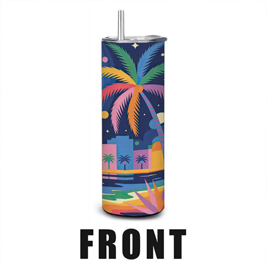 ColorFlow | Tropical Sunset City Tumbler | 20oz Stainless Steel Cup with Straw | Palm Beach Art | Summer Vibes Gift
