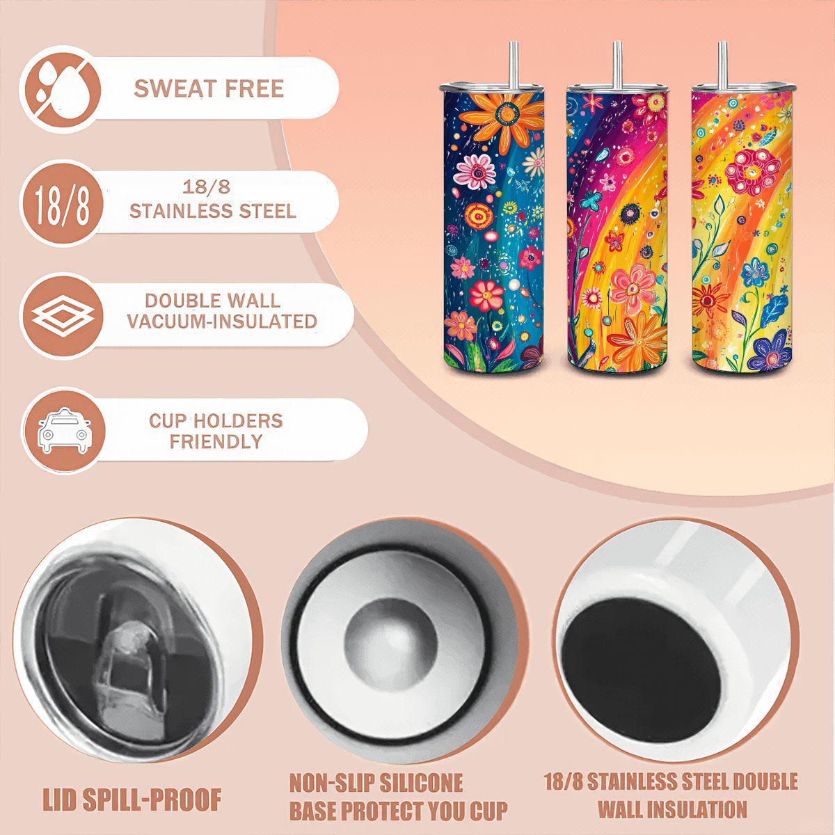 ColorFlow | Sunshine Spectrum Flowers 20oz Stainless Steel Tumbler with Straw | Vibrant Rainbow Floral Travel Mug