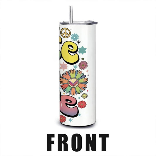 ColorFlow | Peace and Love 20oz Stainless Steel Tumbler with Straw | Groovy Retro Rainbow Mug | Hippie Gift