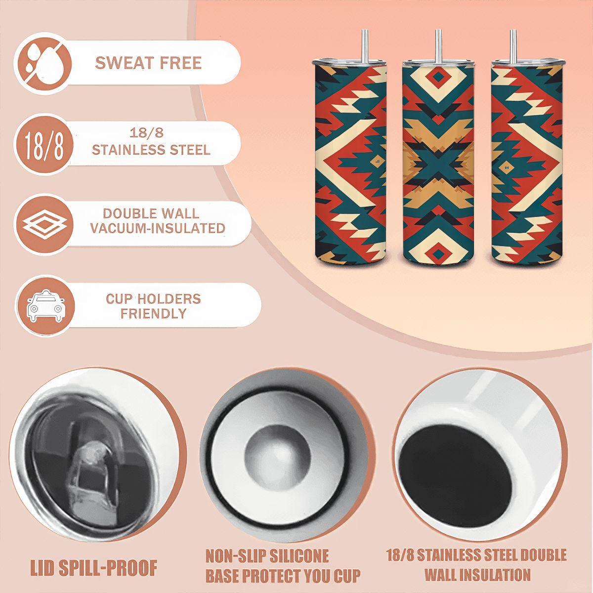 ColorFlow | Desert Aztec Southwestern Pattern 20oz Stainless Steel Tumbler with Straw | Insulated Tribal Travel Mug Gift