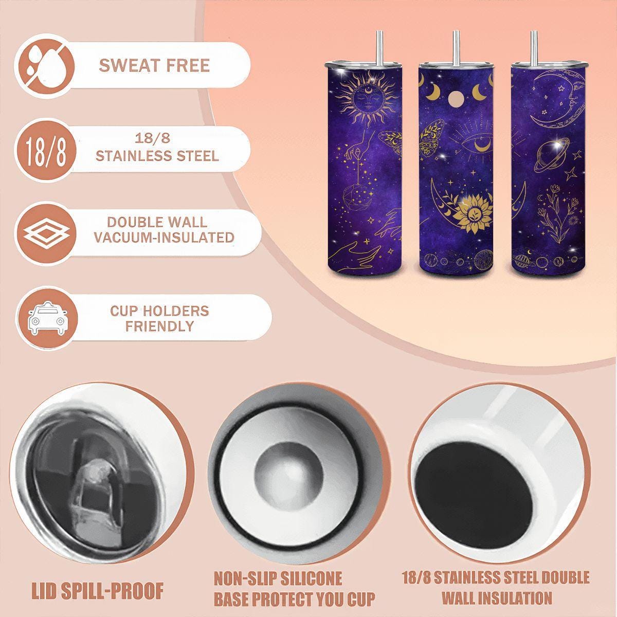 ColorFlow | Celestial Gold Cosmic 20oz Stainless Steel Tumbler with Straw | Moon Sun Galaxy Astrology Travel Mug Gift