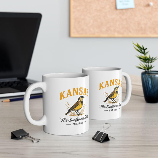 ColorFlow | Kansas State Bird Mug | Sunflower State Western Meadowlark Coffee Cup | Vintage State Pride Gift