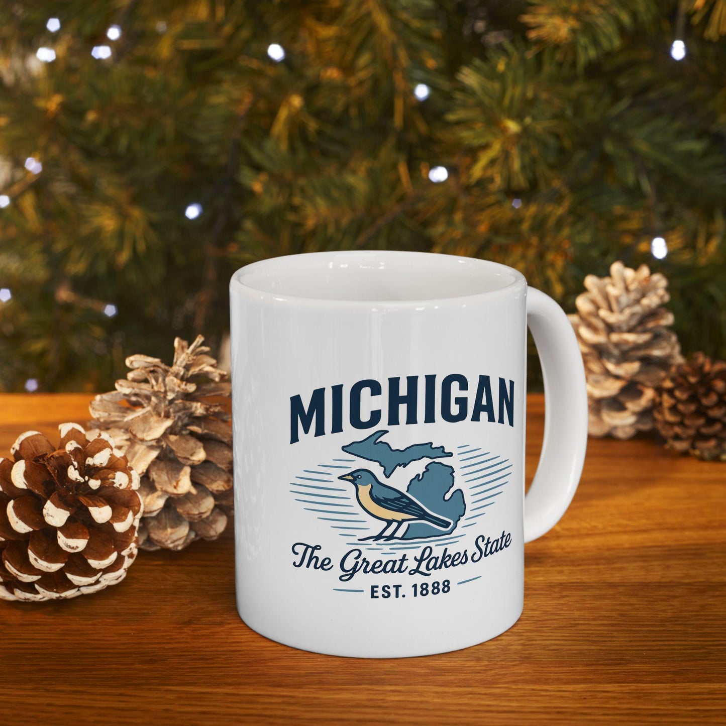 ColorFlow | Michigan The Great Lakes State Mug | 15oz Ceramic Coffee Cup | State Pride Gift | Bird and Lake Design