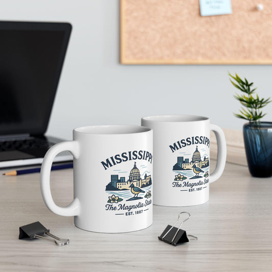 ColorFlow | Mississippi The Magnolia State Mug | 15oz Ceramic Coffee Cup | Southern Gift | State Bird and Capitol Design