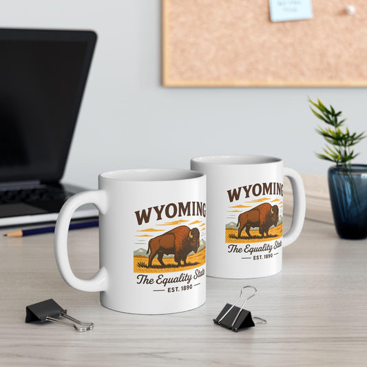 ColorFlow | Wyoming The Equality State Mug | 15oz Ceramic Coffee Cup | Vintage Buffalo Mountain Mug Gift for Travelers