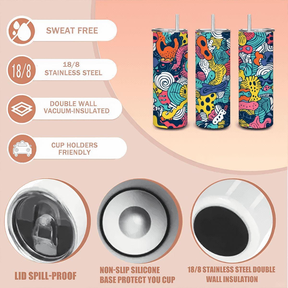 ColorFlow | Vivid Abstract Doodle Tumbler | 20oz Stainless Steel Tumbler with Straw | Colorful Artistic Travel Cup