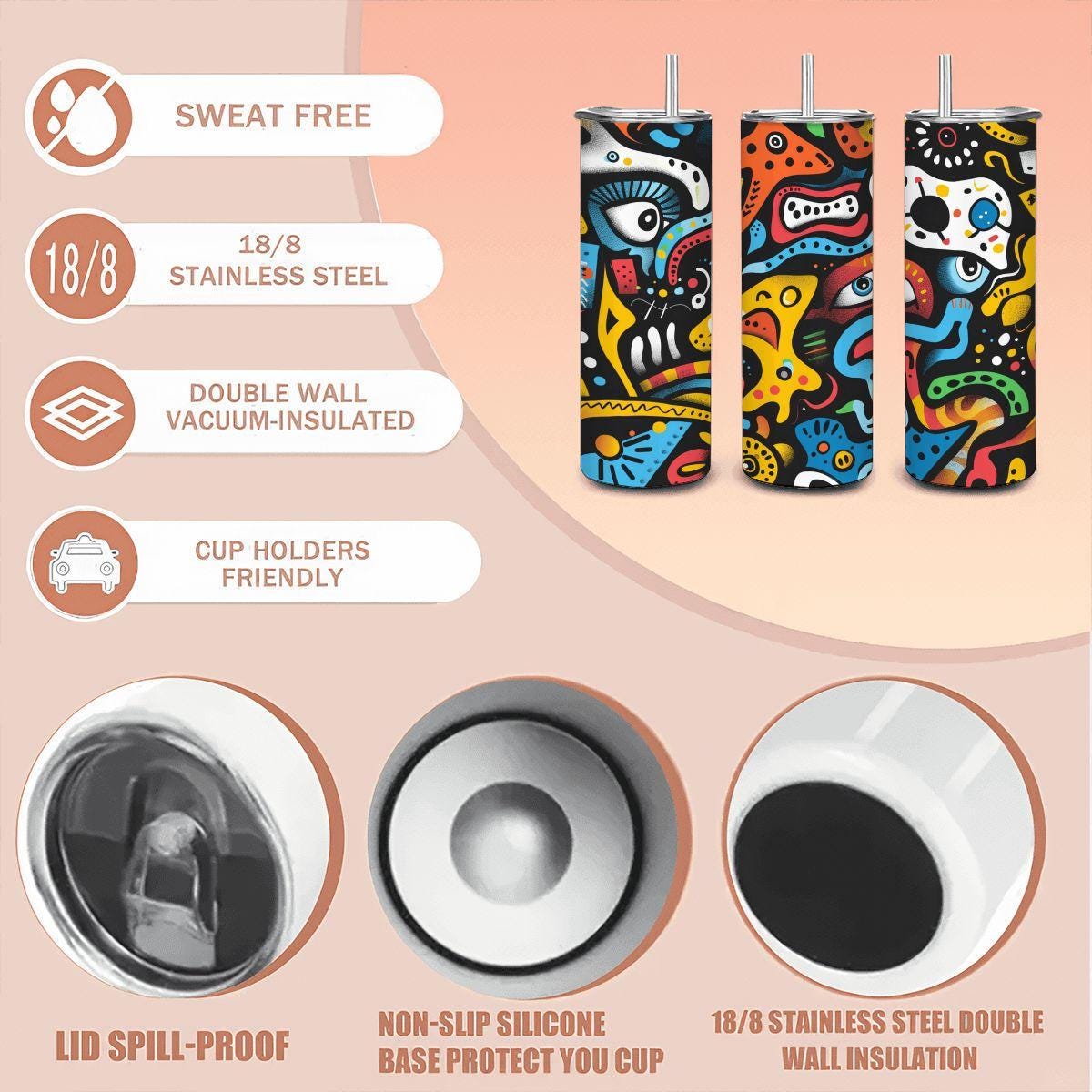 ColorFlow | Bold Pop Art Surreal Tumbler | 20oz Stainless Steel Tumbler with Straw | Colorful Abstract Eyes Mug