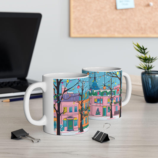 ColorFlow | Christmas Village Mug | Festive City Street 15oz Ceramic Coffee Cup | Holiday Gift for Winter & Art Lovers