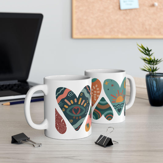 ColorFlow | Boho Hearts Mug | 15oz Ceramic Coffee Cup with Abstract Art Design | Hippie Aesthetic Gift for Her