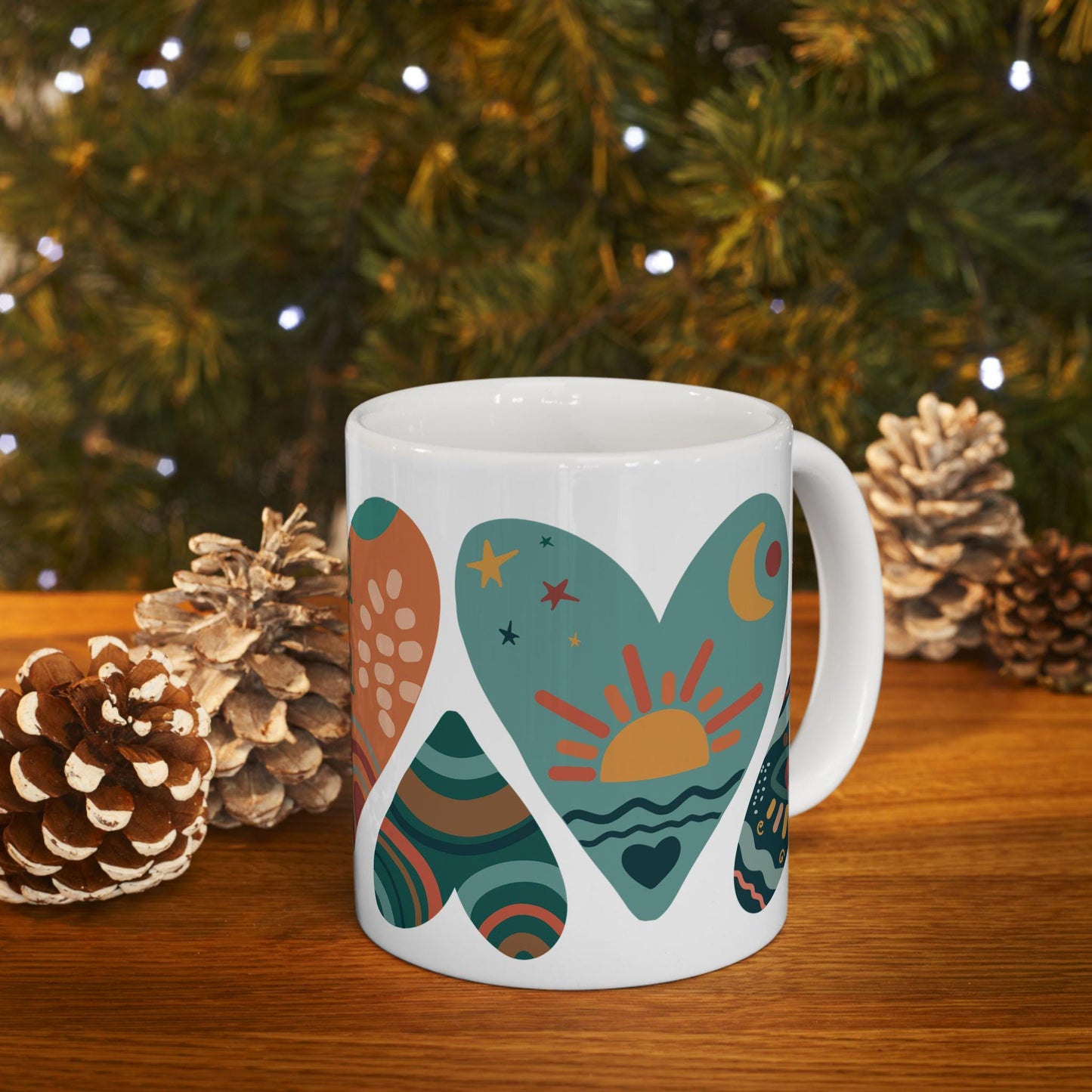 ColorFlow | Boho Hearts Mug | 15oz Ceramic Coffee Cup with Abstract Art Design | Hippie Aesthetic Gift for Her