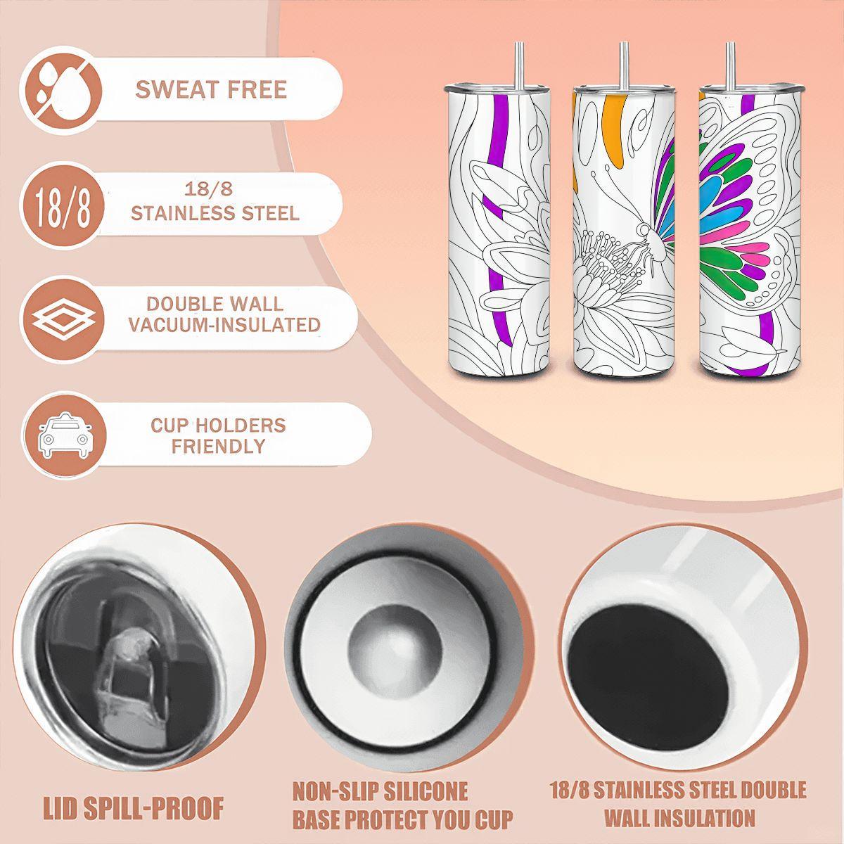 ColorFlow | Butterfly Garden 20oz Stainless Steel Tumbler with Straw | Floral Art Insulated Travel Mug | Eco Reusable Cup