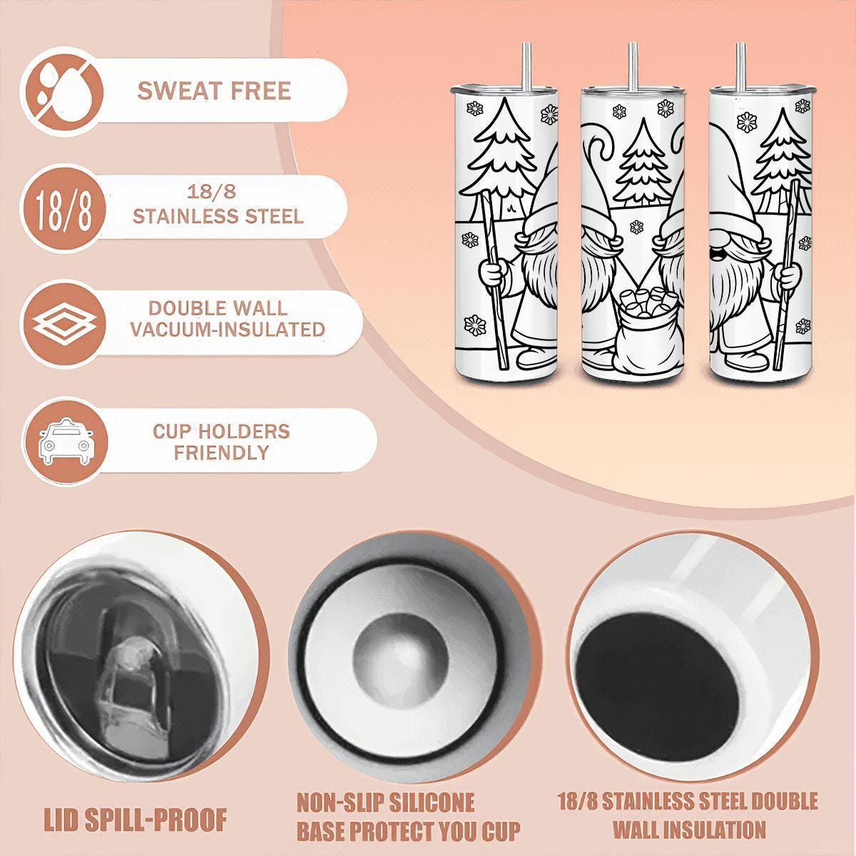 ColorFlow | Winter Gnome Magic Tumbler | 20oz Stainless Steel Coffee Cup with Straw | Insulated Travel Mug for Hot or Cold Drinks