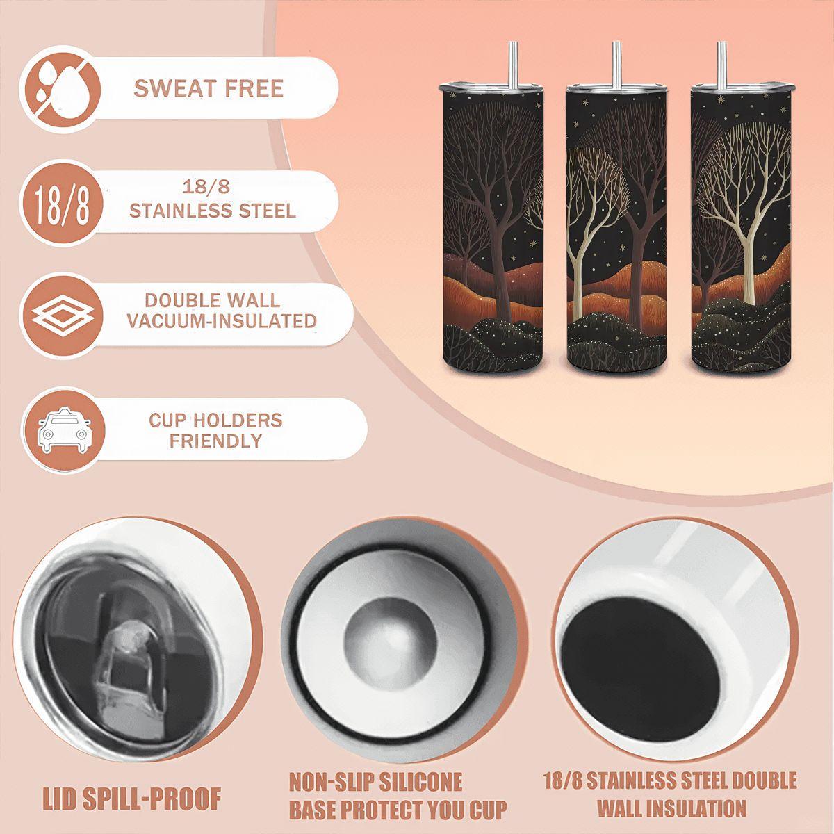 ColorFlow | Midnight Enchanted Forest Tumbler | 20oz Stainless Steel Insulated Travel Mug with Straw | Nature Starry Night Cup