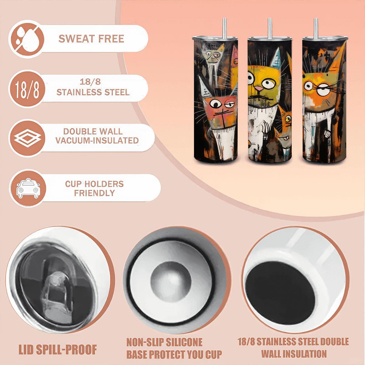 ColorFlow | Crazy Cat Family Tumbler | Abstract Cat Art Cup | 20oz Stainless Steel Travel Mug with Straw | Gift for Cat Lovers
