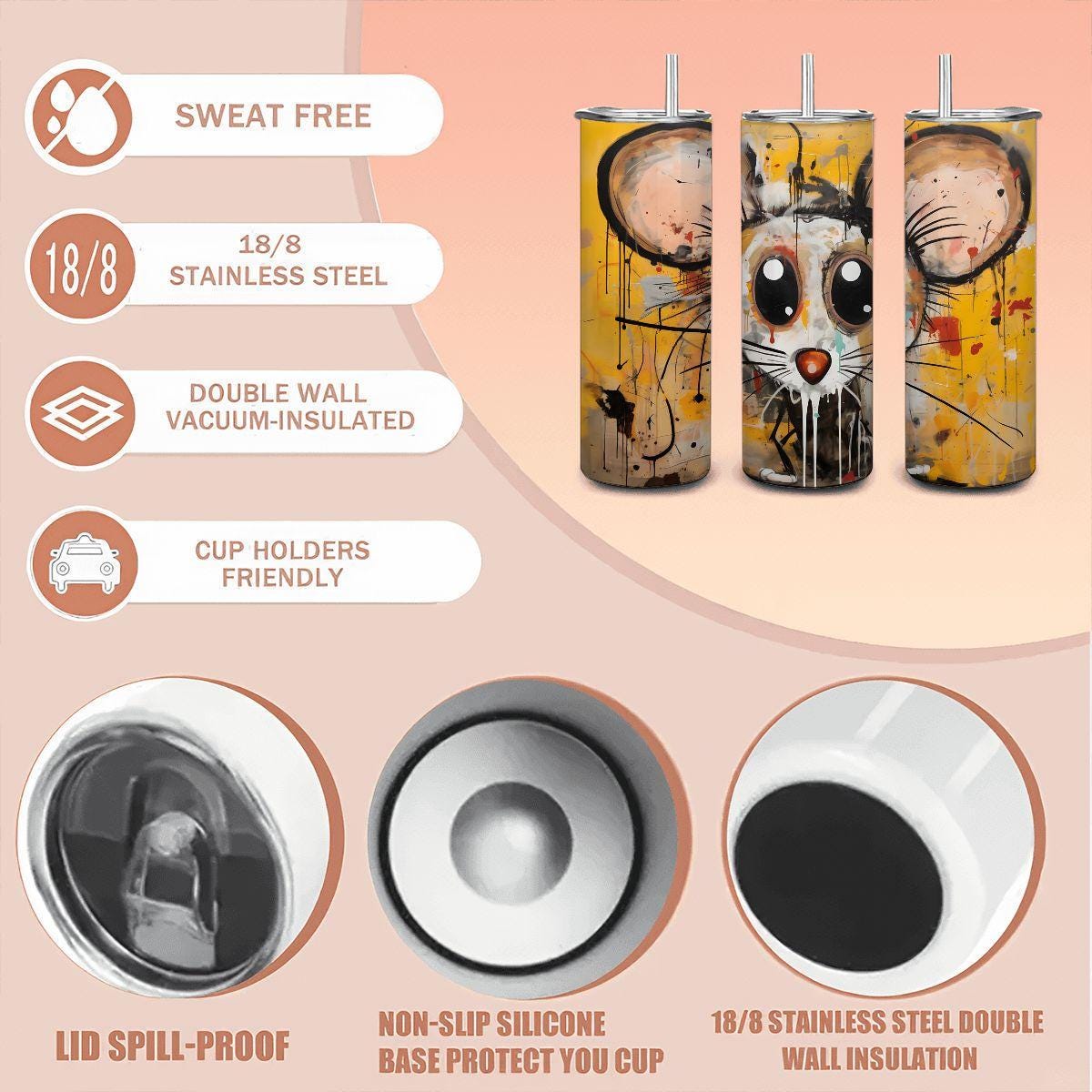 ColorFlow | Playful Doodle Mouse Art Tumbler | 20oz Stainless Steel Cup | Cute Animal Coffee Mug | Gift for Art and Mouse Lovers