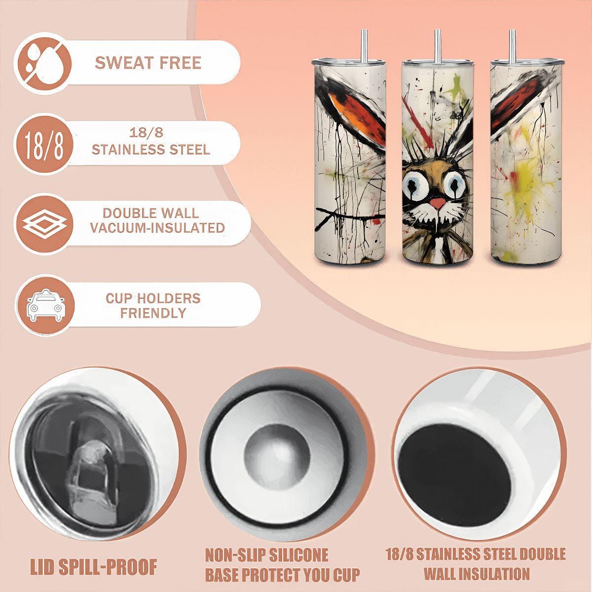 ColorFlow | Doodle Rabbit Art Tumbler | 20oz Stainless Steel Travel Cup | Funny Bunny Coffee Mug | Artistic Gift for Animal Lovers