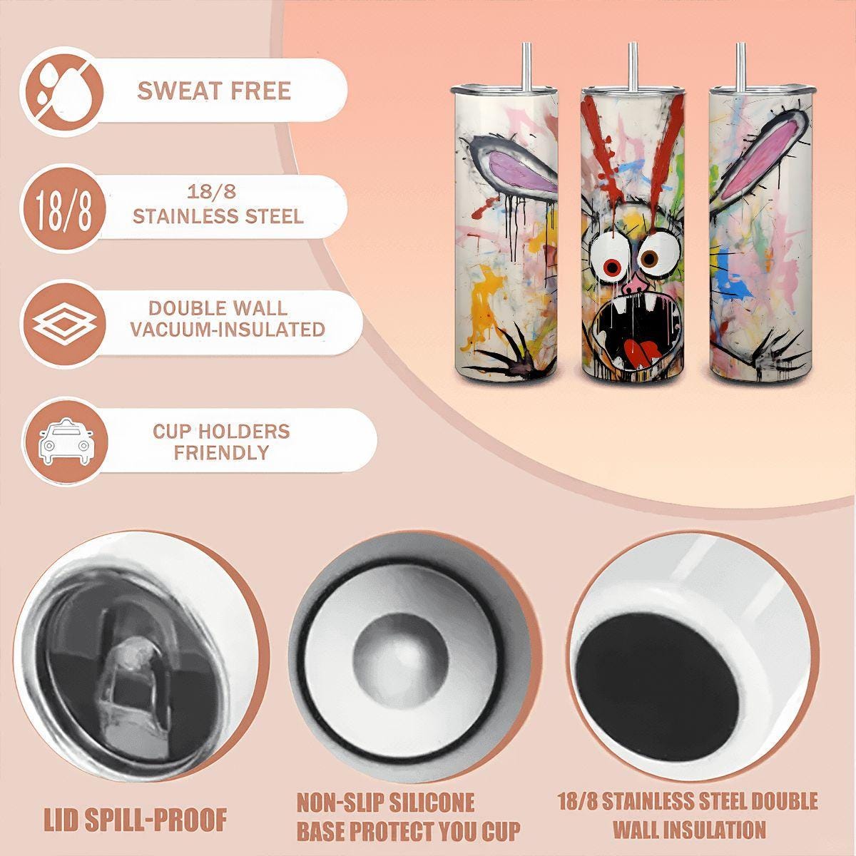 ColorFlow | Crazy Doodle Rabbit Art Tumbler | 20oz Stainless Steel Travel Cup | Funny Bunny Coffee Mug | Abstract Art Gift