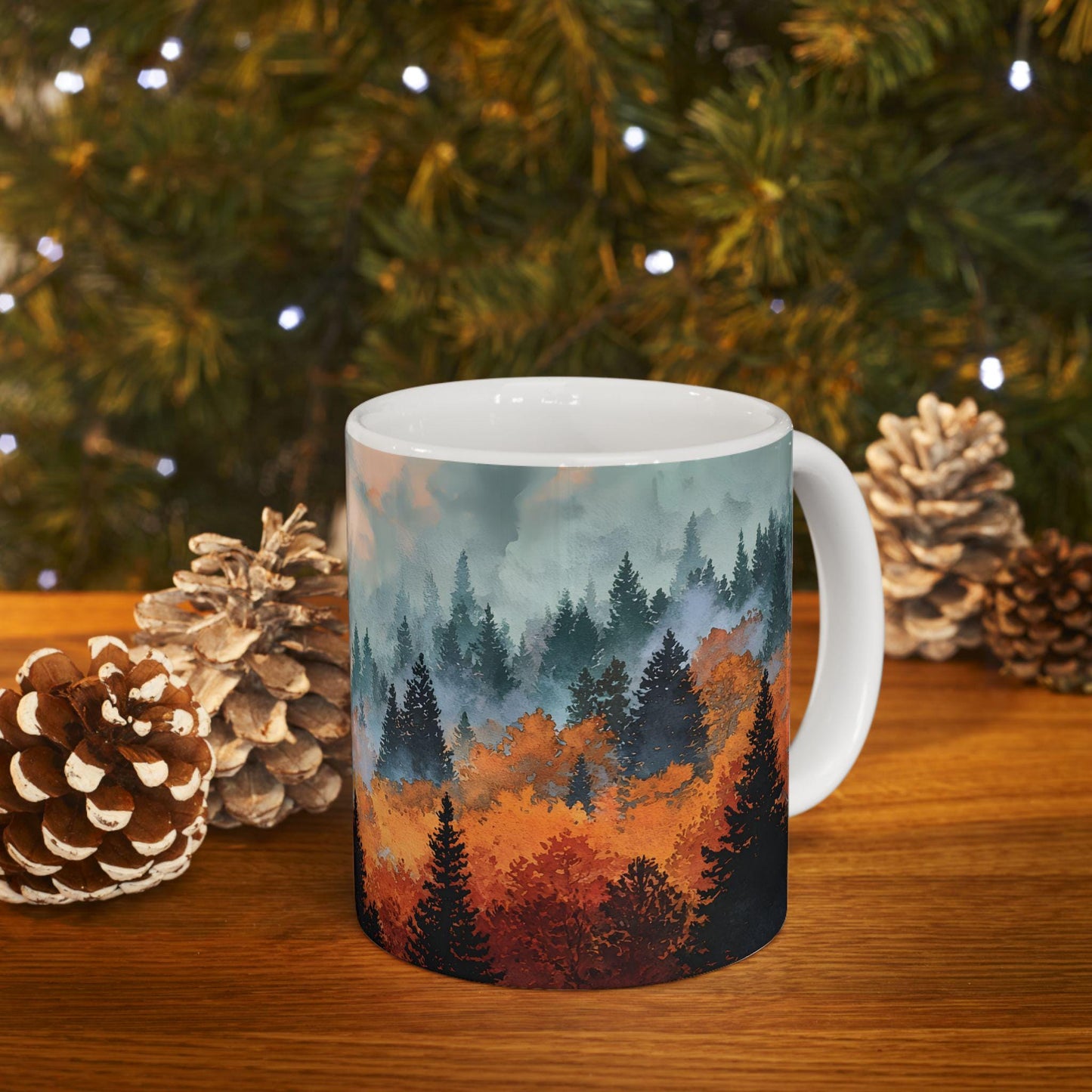 ColorFlow | Misty Mountain Forest Mug | 15 oz Ceramic Coffee Cup | Autumn Landscape Art Mug | Nature Lover Gift