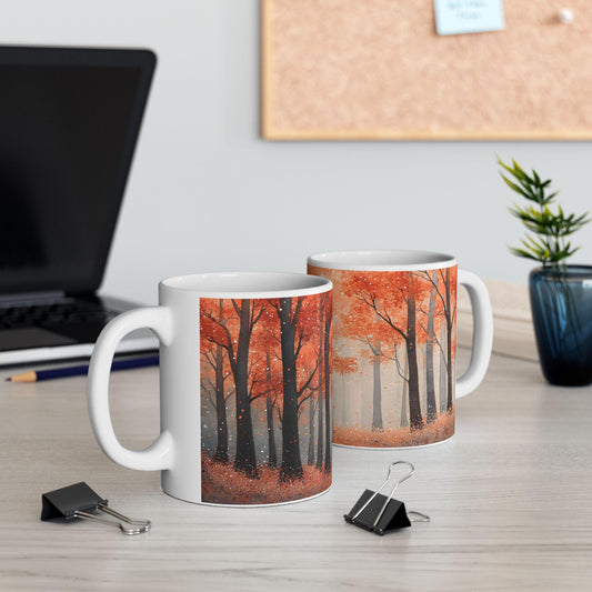 ColorFlow | Crimson Autumn Forest Mug | 15 oz Ceramic Coffee Cup | Fall Art Coffee Mug | Nature Lover Gift
