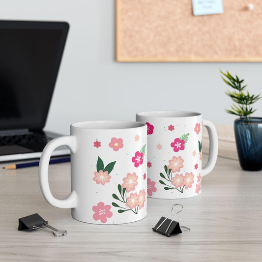 ColorFlow | Cream Floral Bloom Mug | 15 oz Ceramic Coffee Cup | Cute Flower Art Mug | Aesthetic Gift for Her