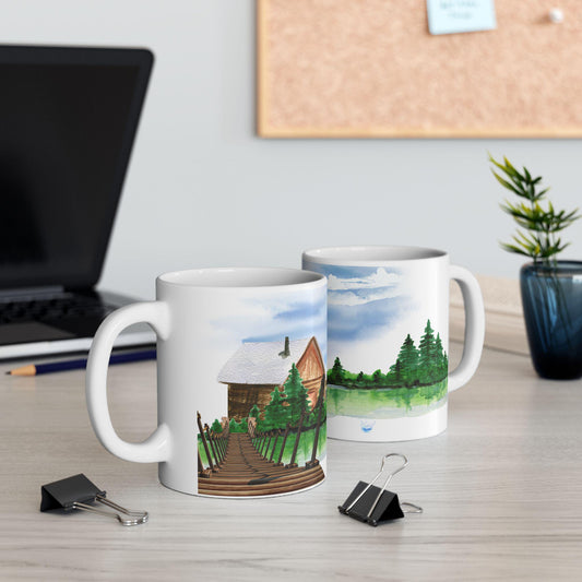 ColorFlow | Rustic Cabin Lake Mug | 15 oz Ceramic Coffee Cup | Watercolor Nature Art Mug | Gift for Outdoor Lovers