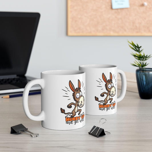 ColorFlow | Hurry Up and Get Well Donkey Mug | Funny Coffee Cup | 15oz Ceramic Mug | Humorous Animal Gift for Friends