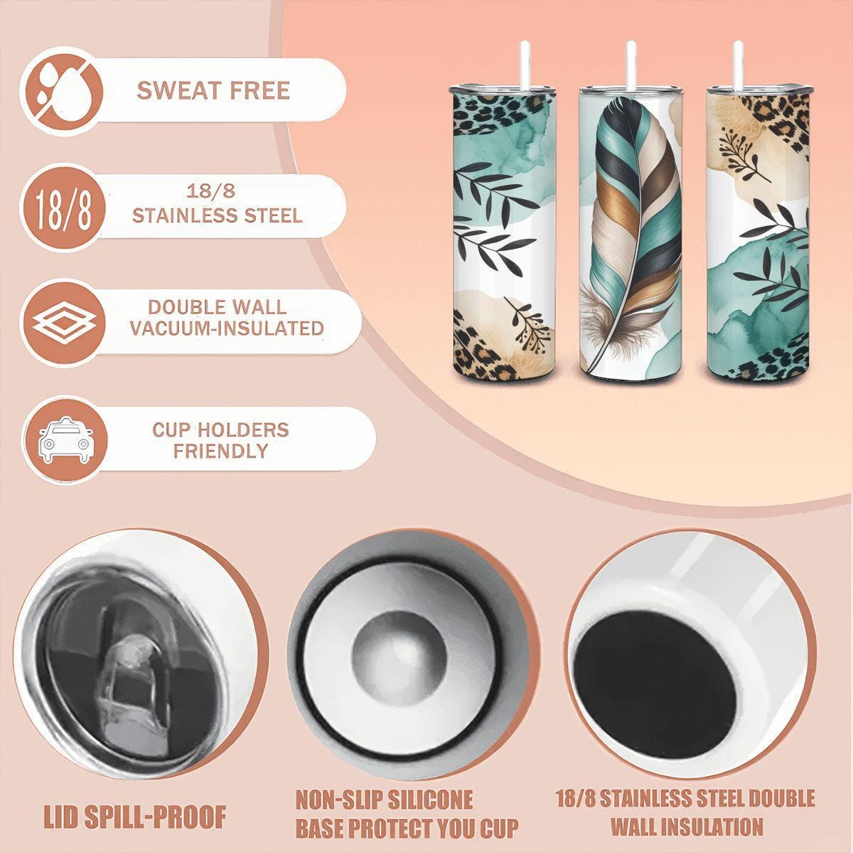 Teal Feather Leopard Print Tumbler | Boho Stainless Steel Cup