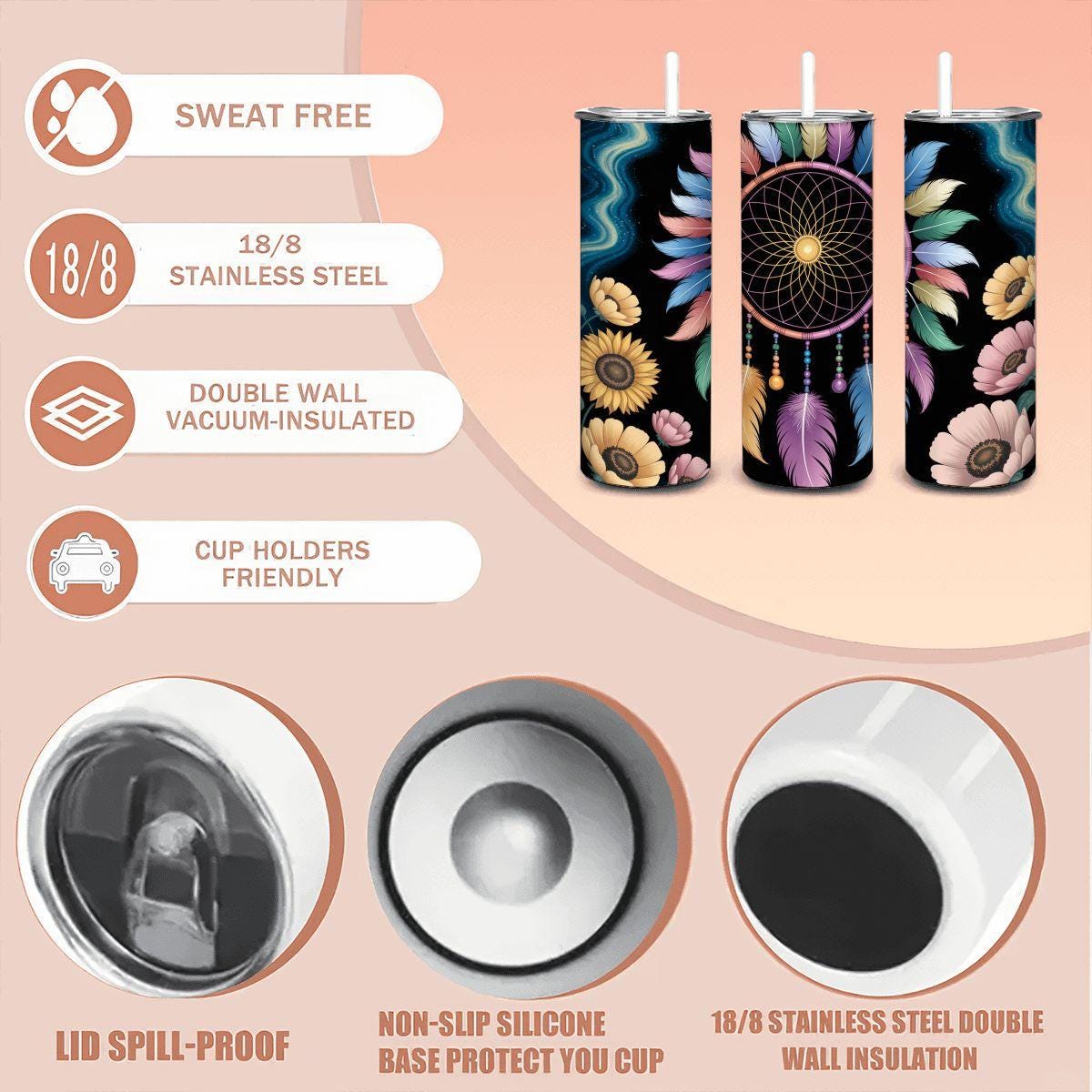 ColorFlow | Dreamcatcher Galaxy 20oz Stainless Steel Tumbler with Straw | Boho Sunflower Cup Gift