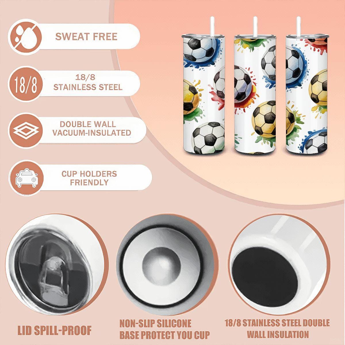 Soccer Watercolor Splash Tumbler | 20oz Stainless Steel Sports Cup