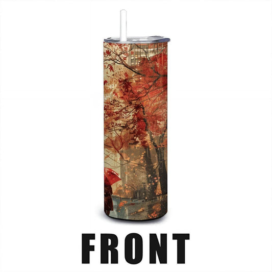 Autumn Cityscape Stainless Steel Tumbler | Red Umbrella Art