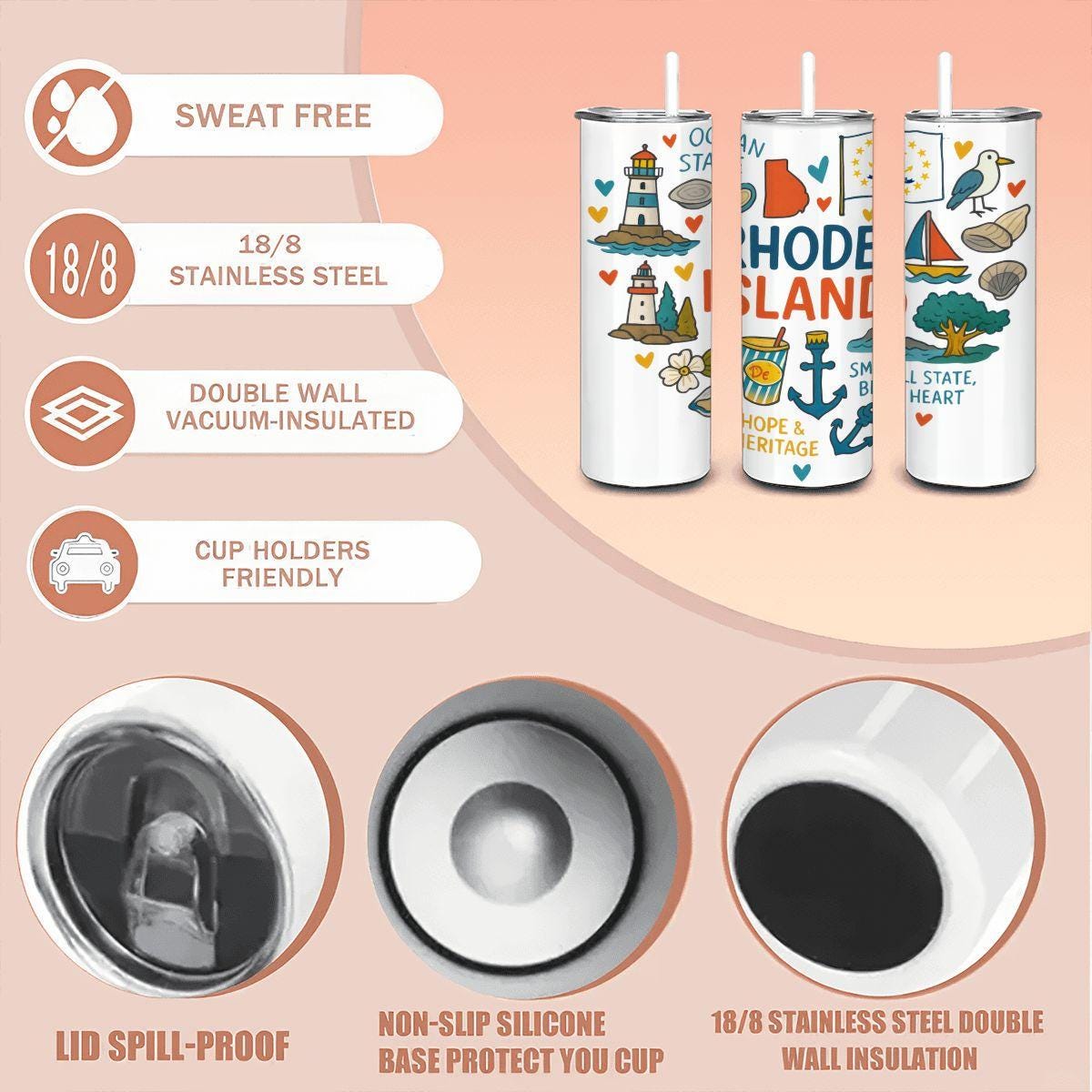 Rhode Island Stainless Steel Tumbler | Ocean State Travel Mug with Straw