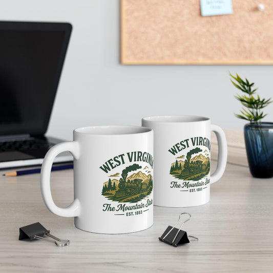 ColorFlow | West Virginia The Mountain State Mug | 15oz Ceramic Coffee Cup | Vintage Train and Mountain Travel Mug Gift