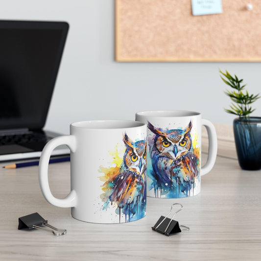 ColorFlow | Watercolor Owl Mug | Vibrant Abstract 15oz Ceramic Coffee Cup | Artistic Gift for Owl Lovers and Creatives