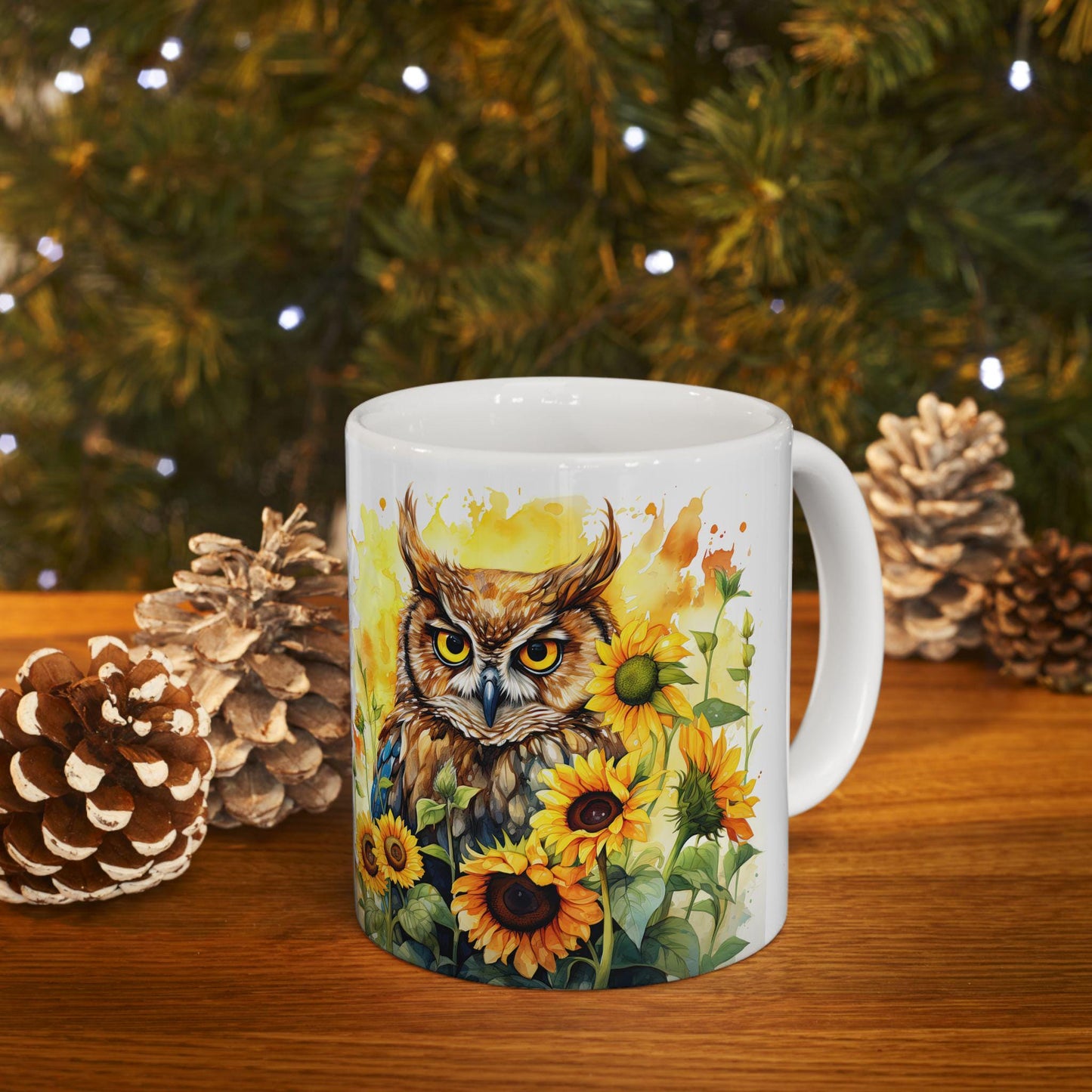 ColorFlow | Sunflower Owl Mug | Vibrant Yellow 15oz Ceramic Coffee Cup | Boho Nature Gift for Owl Lovers and Teachers