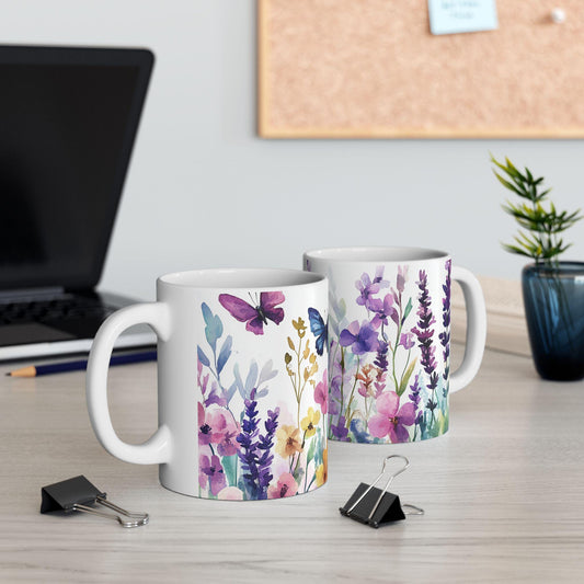 ColorFlow | Wildflower Garden Mug | Watercolor Butterfly 15oz Ceramic Coffee Cup | Nature Lover Gift for Her