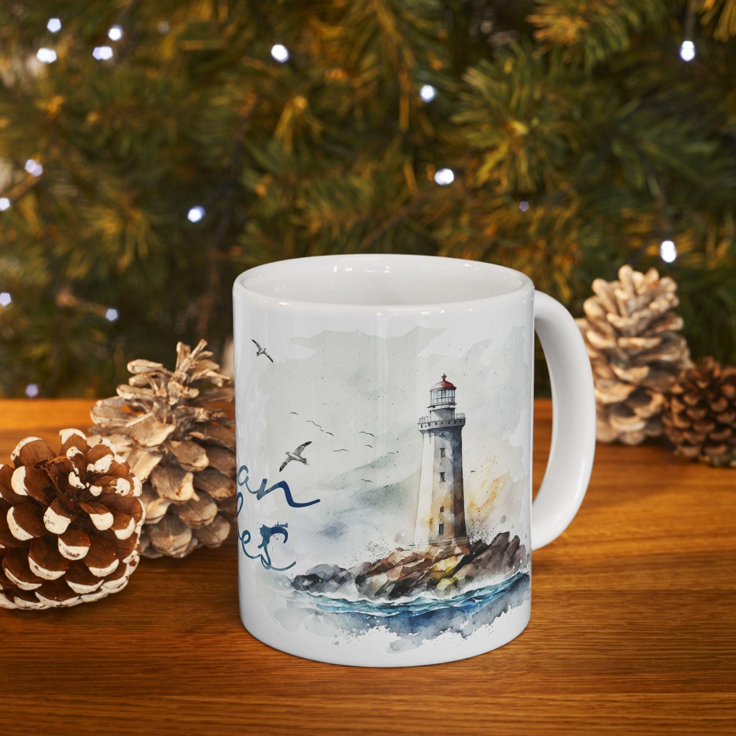 ColorFlow | Ocean Vibes Mug | Nautical Lighthouse 15oz Ceramic Coffee Cup | Beach Lover Gift with Coastal Art Design