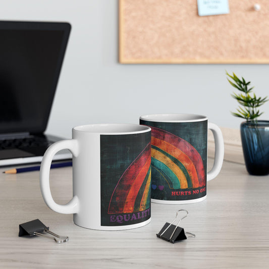 ColorFlow | Equality Hurts No One Mug | Rainbow Pride Art Coffee Cup | 15 oz Ceramic Mug | Positive Message Gift
