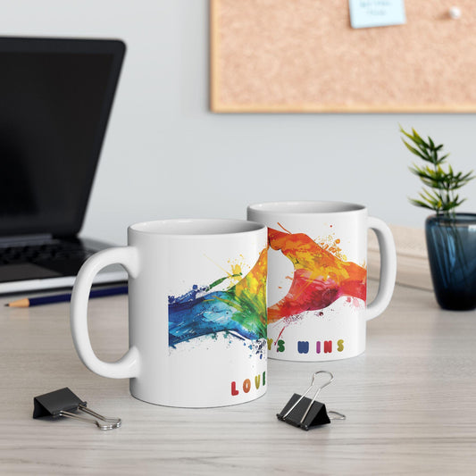 ColorFlow | Love Always Wins Mug | Rainbow Hands Art Coffee Cup | 15 oz Ceramic Mug | Inspiring Gift for Love and Unity
