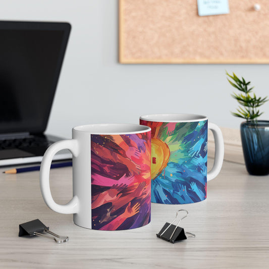ColorFlow | Pride Heart Unity Mug | Rainbow Hands Art Coffee Cup | 15 oz Ceramic Mug | Empowering Love Gift