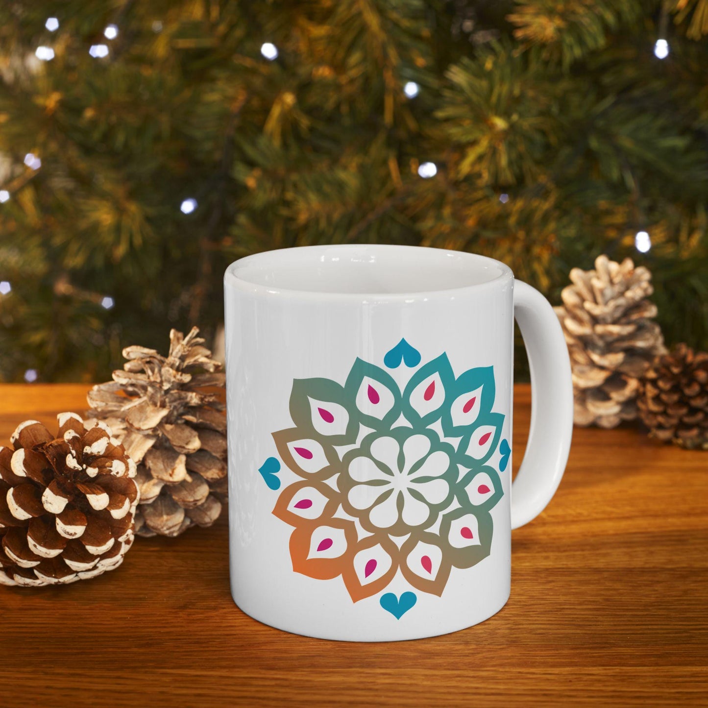 Mandala Art Ceramic Coffee Mug | Tranquil Teal Orange Gradient, 15oz