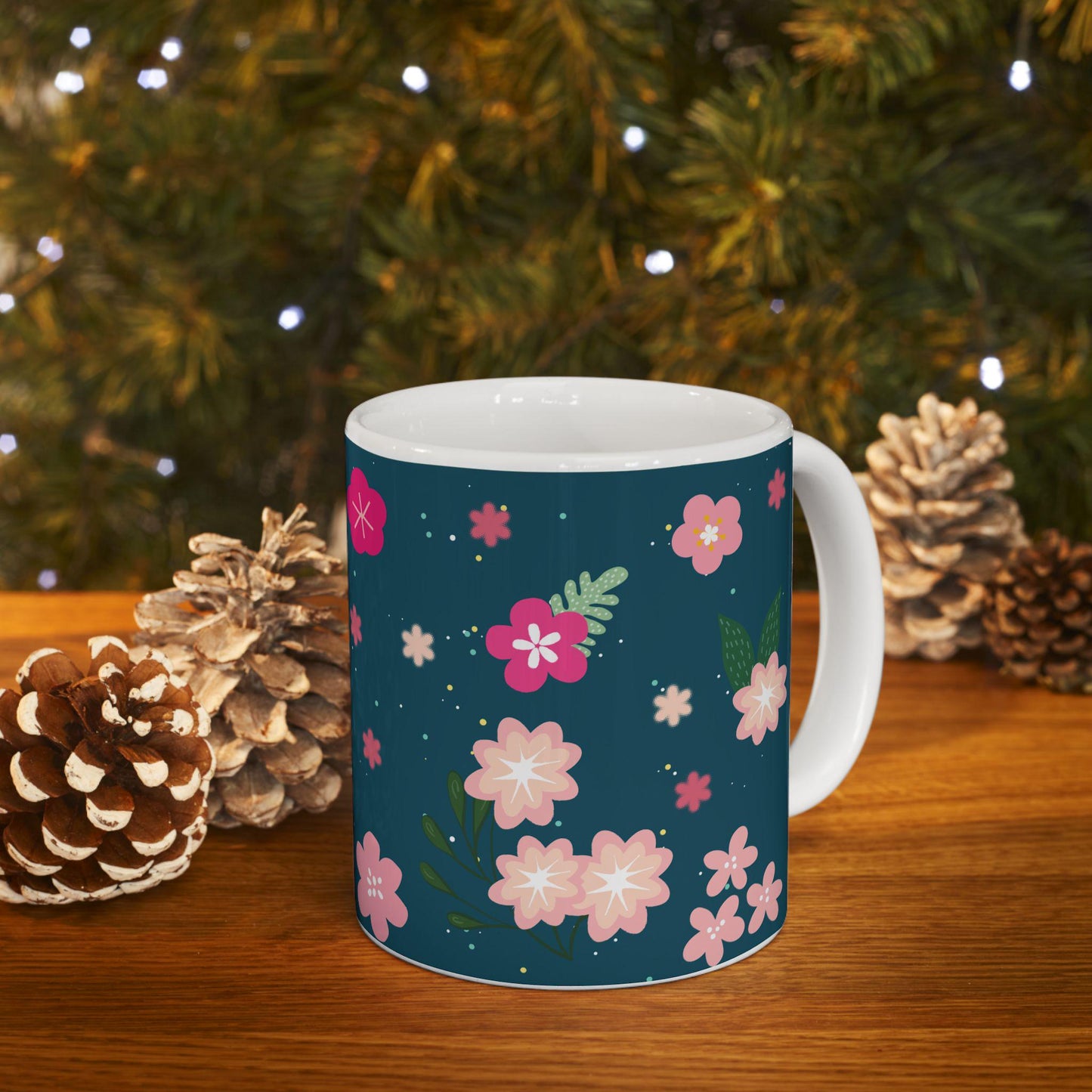 ColorFlow | Midnight Bloom Floral Mug | 15 oz Ceramic Coffee Cup | Dark Blue Flower Art Mug | Gift for Her