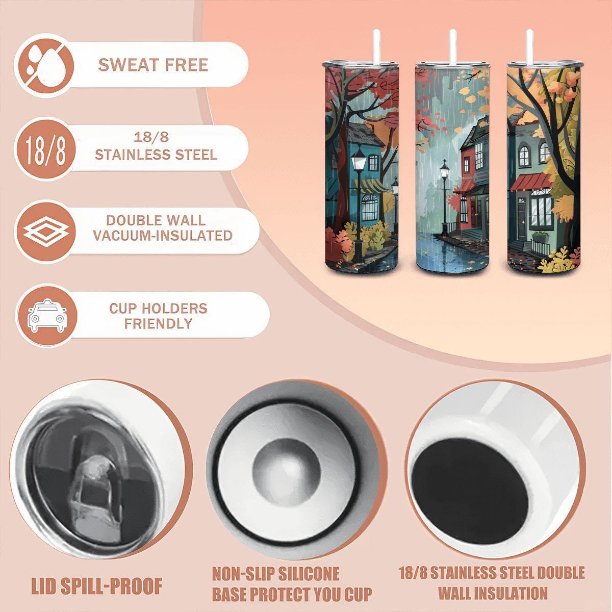 Rainy Autumn Street Tumbler | 20oz Stainless Steel Coffee Cup