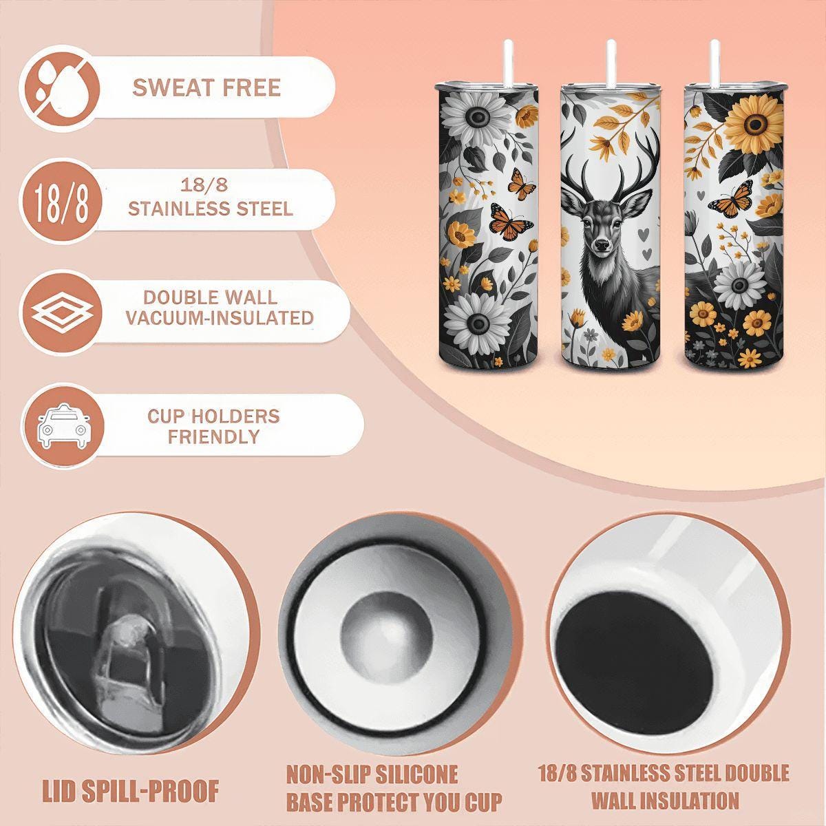 ColorFlow | Golden Deer & Monarch Tumbler | 20oz Stainless Steel Coffee Travel Cup with Straw Woodland Gift