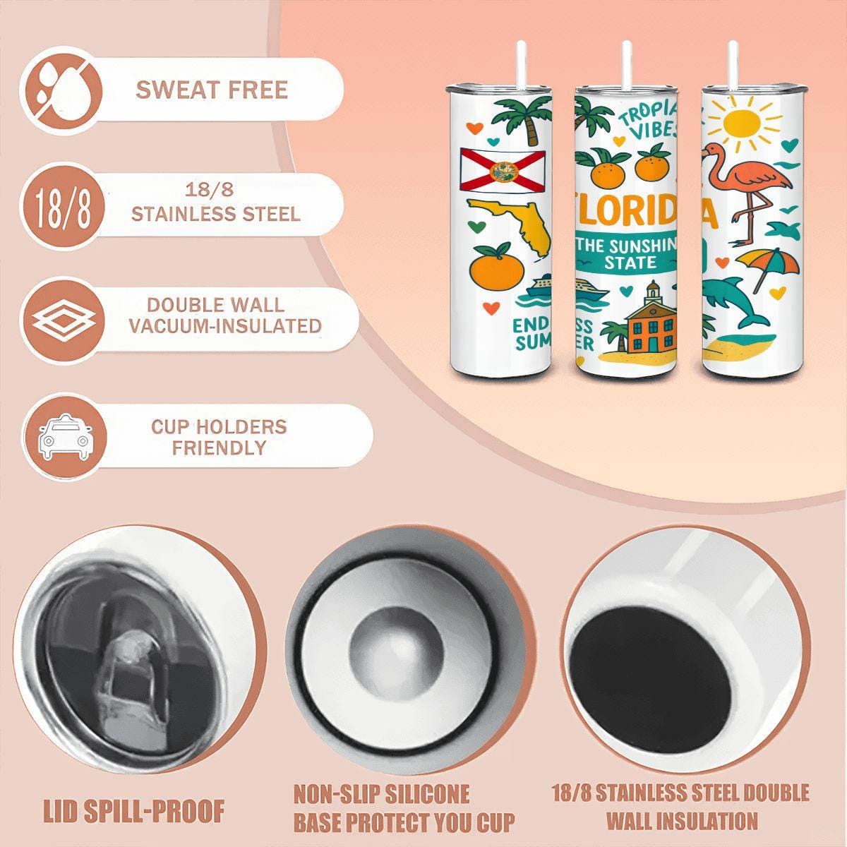 Florida Sunshine State Tumbler | 20oz Stainless Steel Insulated Travel Mug
