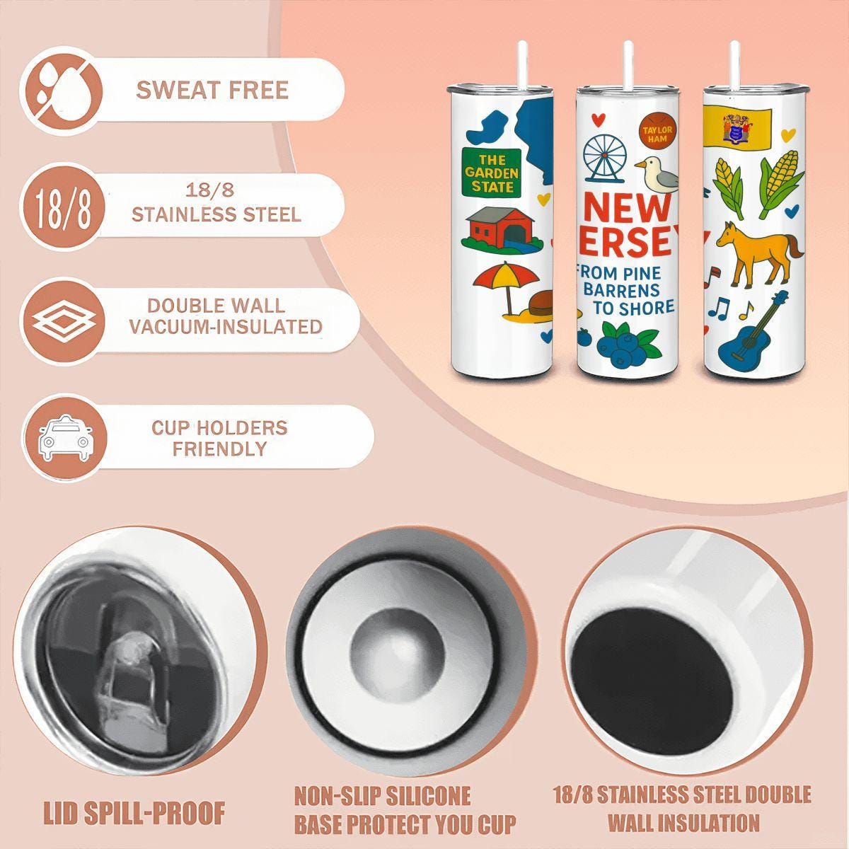 ColorFlow | New Jersey Garden State Tumbler | Pine Barrens to Shore | 20oz Stainless Steel Travel Mug with Straw