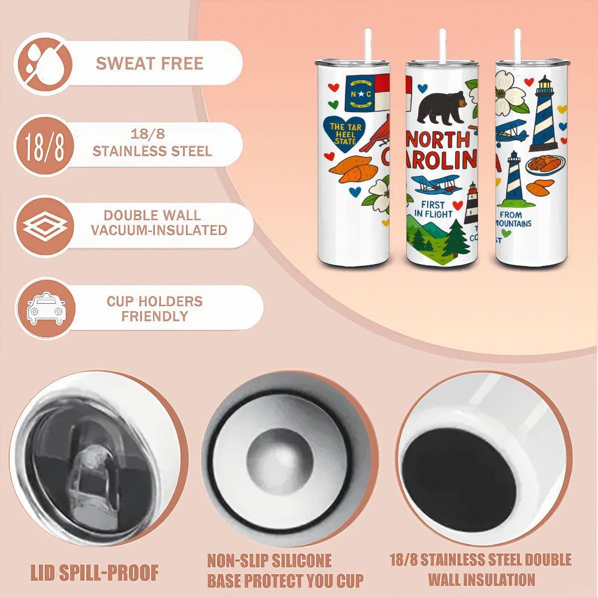 North Carolina State Tumbler | 20oz Stainless Steel Travel Mug