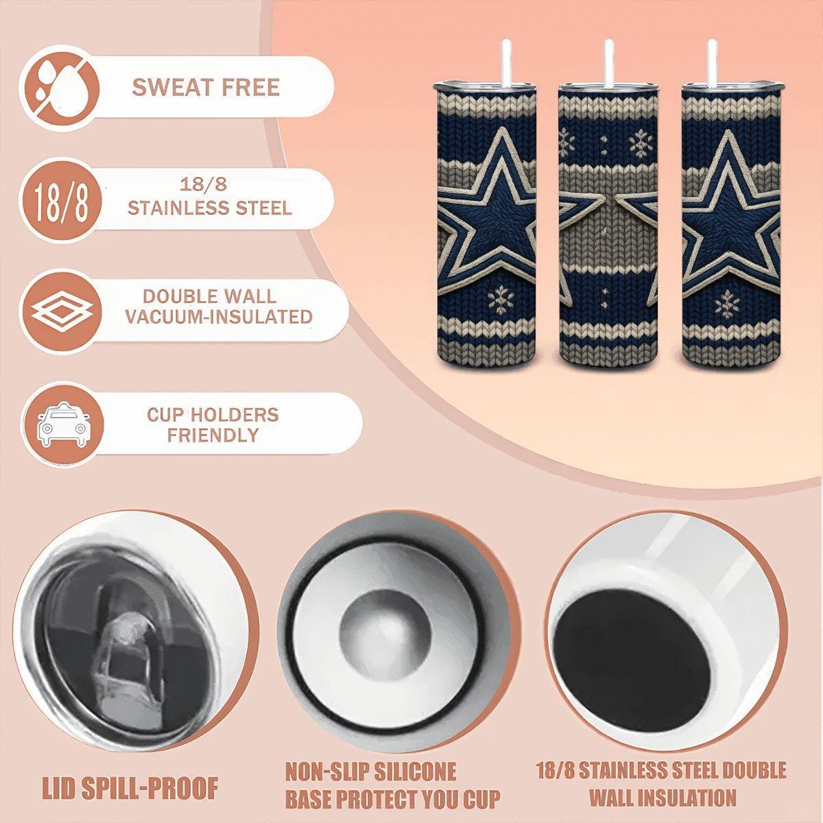 ColorFlow | Dallas Cowboys Inspired Seamless Sweater 20oz Skinny Tumbler with Straw