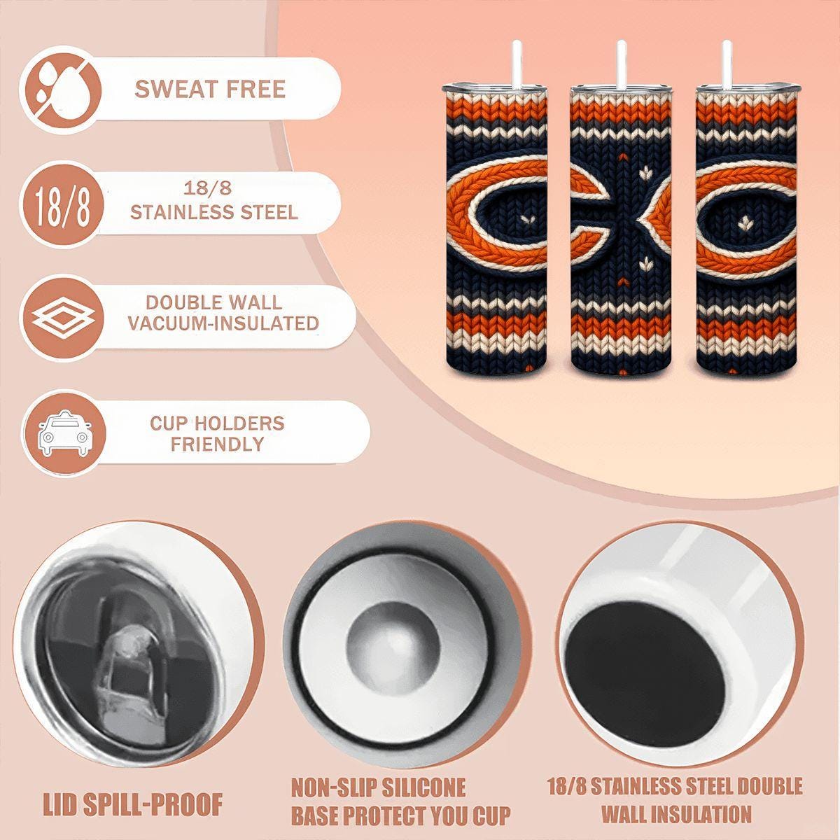 ColorFlow | Chicago Bears Inspired Seamless Sweater 20oz Skinny Tumbler with Straw